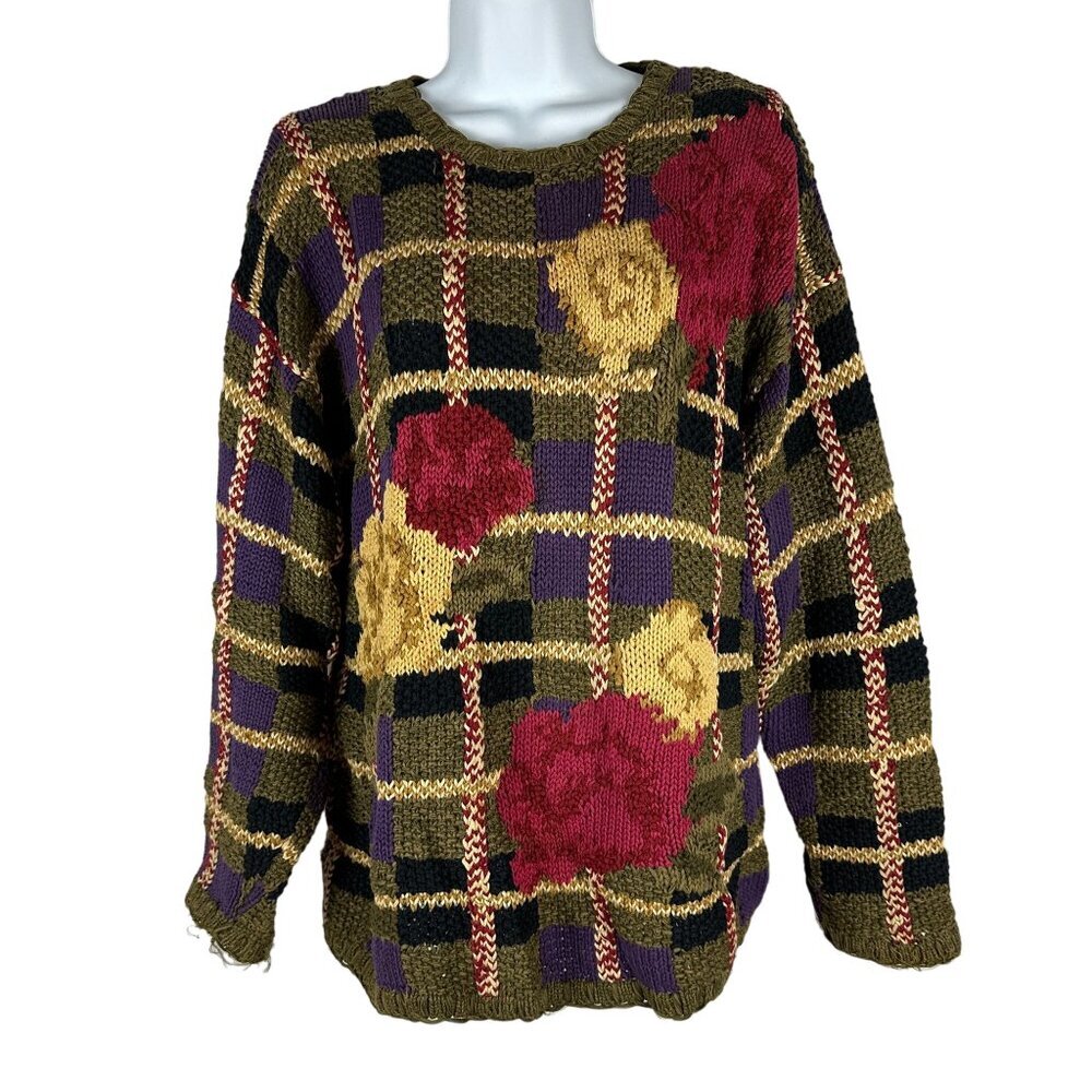 Vintage Chaus Sport Plaid Floral Sweater M Rame/Cotton Blend Hand Wash Only